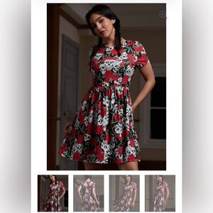 Modcloth Black Dress with Red Roses and Skulls size L New